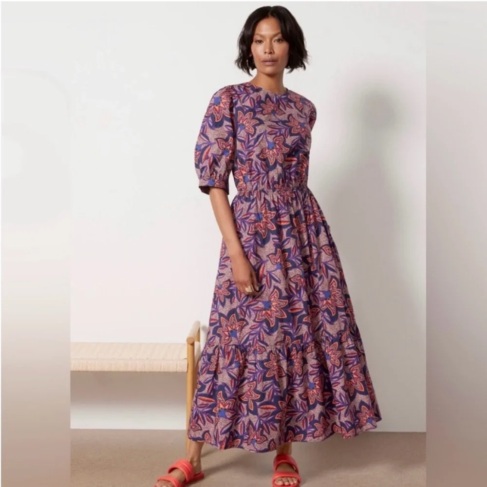 NWT Evereve Noelle Open Back Printed Midi Dress with Sleeves - Picture 2 of 5
